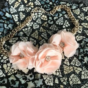 Chiffon pink flower necklace with silver jewels
